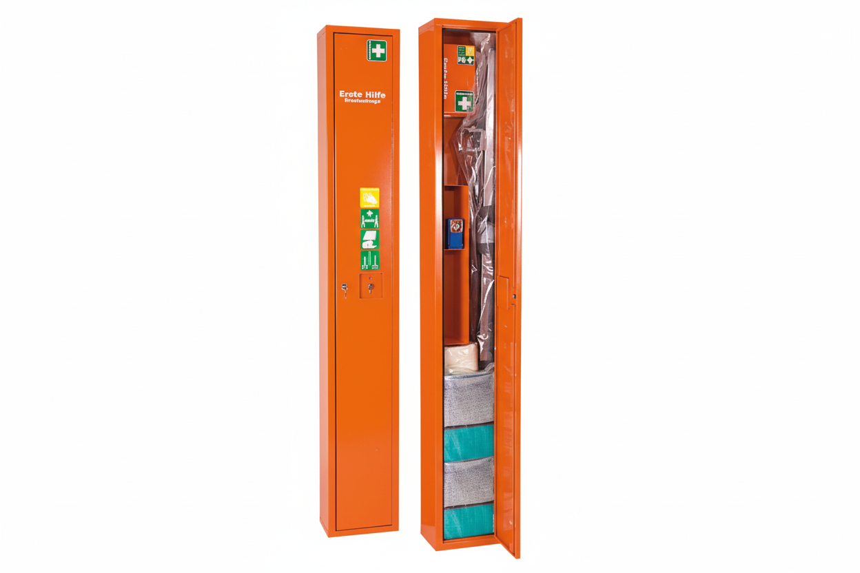 "SAFE" Standing Stretcher Locker, filled orange