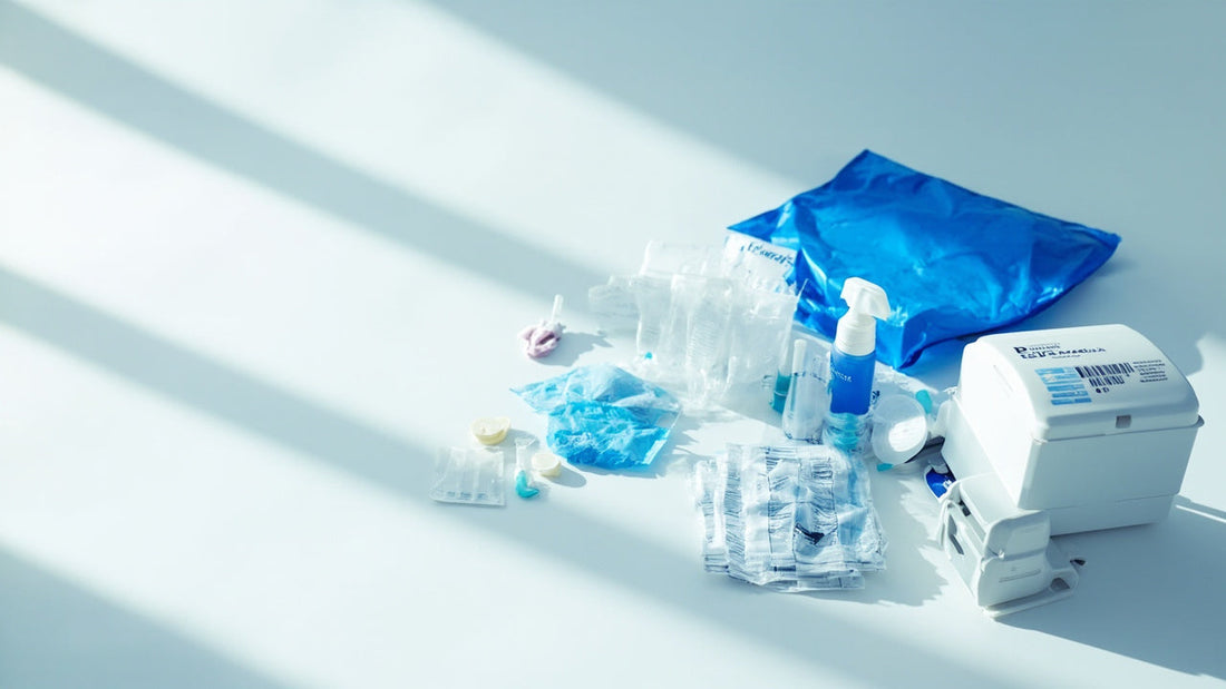 organized medical emergency supplies on white table with soft daylight in a calm setting