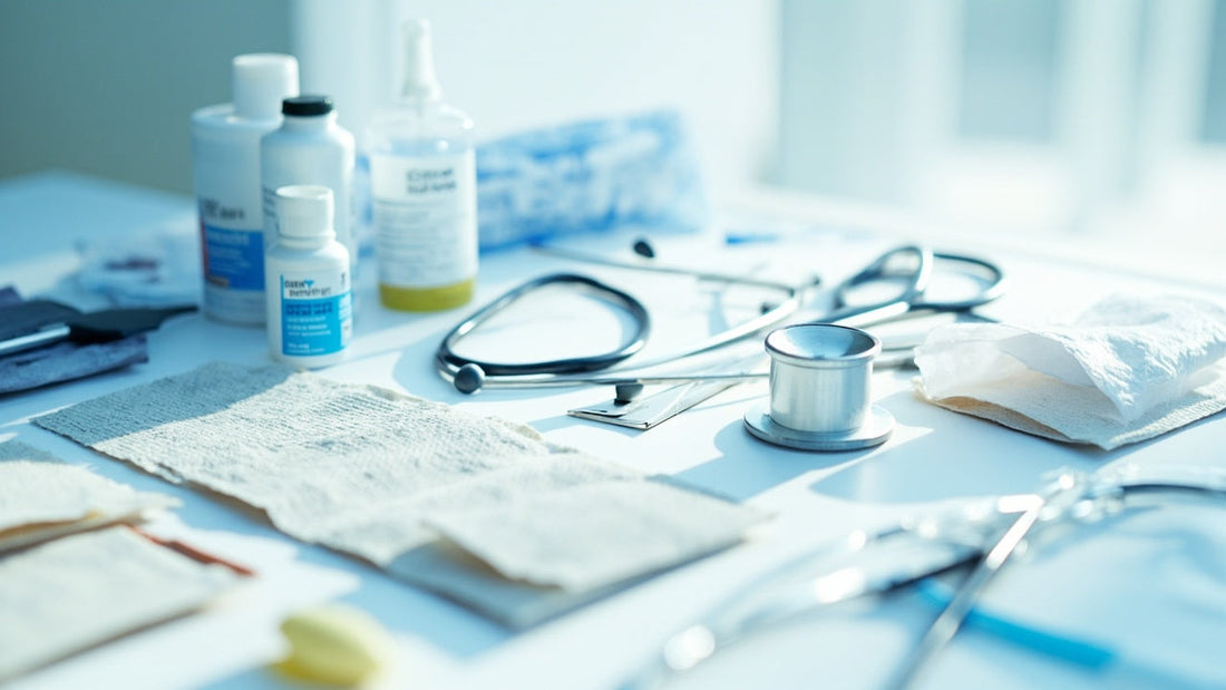 medical emergency supplies neatly arranged on a white surface with soft natural light