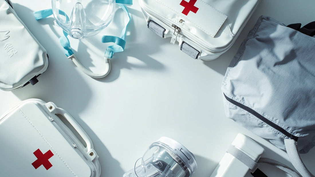 organized medical emergency supplies on white background with soft natural lighting and blue accents