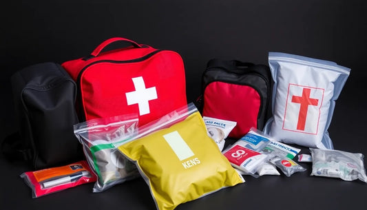 organized medical emergency supplies arranged neatly on a clean white background in soft light