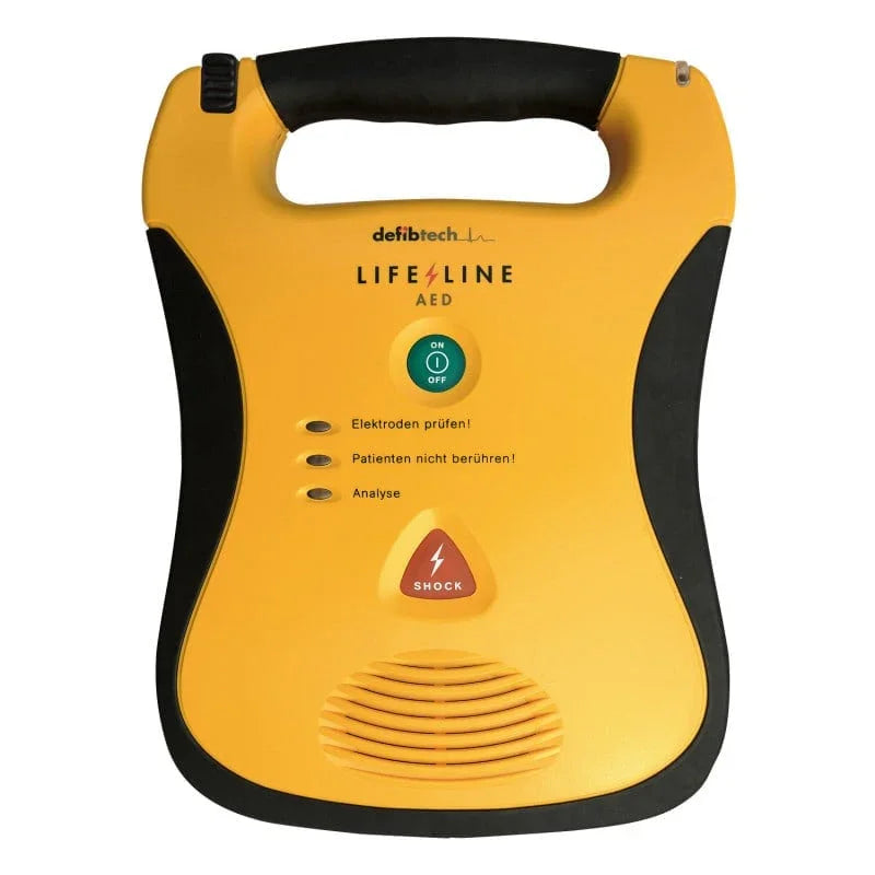 Yellow Lifeline AED automated external defibrillator for medical emergency response