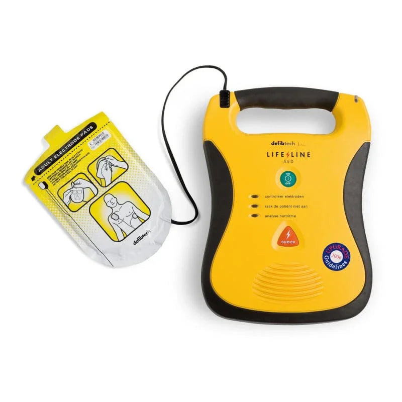 Yellow automated external defibrillator with adult electrode pads for emergency medical use