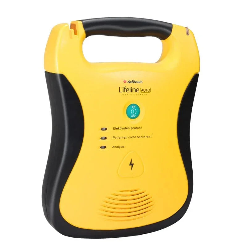 Yellow portable automated external defibrillator with handle for medical emergency response