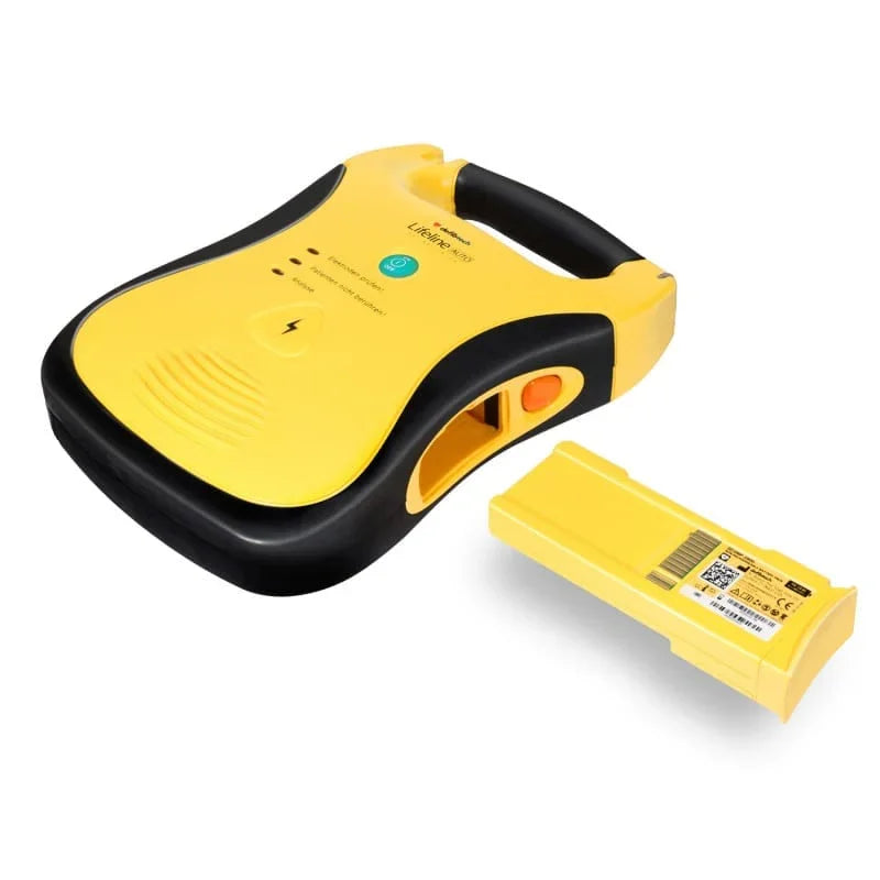 Yellow automatic external defibrillator AED with battery for emergency medical response