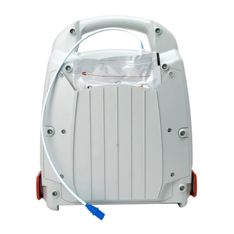 Portable medical emergency device with handle and tubing, rear view