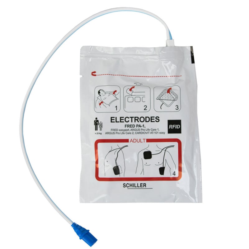 Adult defibrillator electrode pads in sealed medical emergency packaging