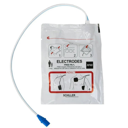 Adult defibrillator electrode pads with instructions and connector for emergency medical use