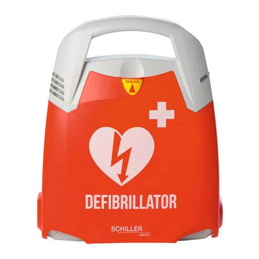 Portable automated external defibrillator with heart and medical cross symbols, emergency use