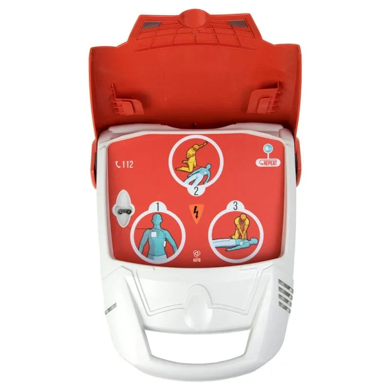 Automated external defibrillator device with CPR instruction diagrams for emergency use