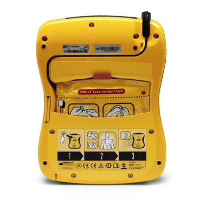 Automated external defibrillator back view with adult electrode pads and instructions