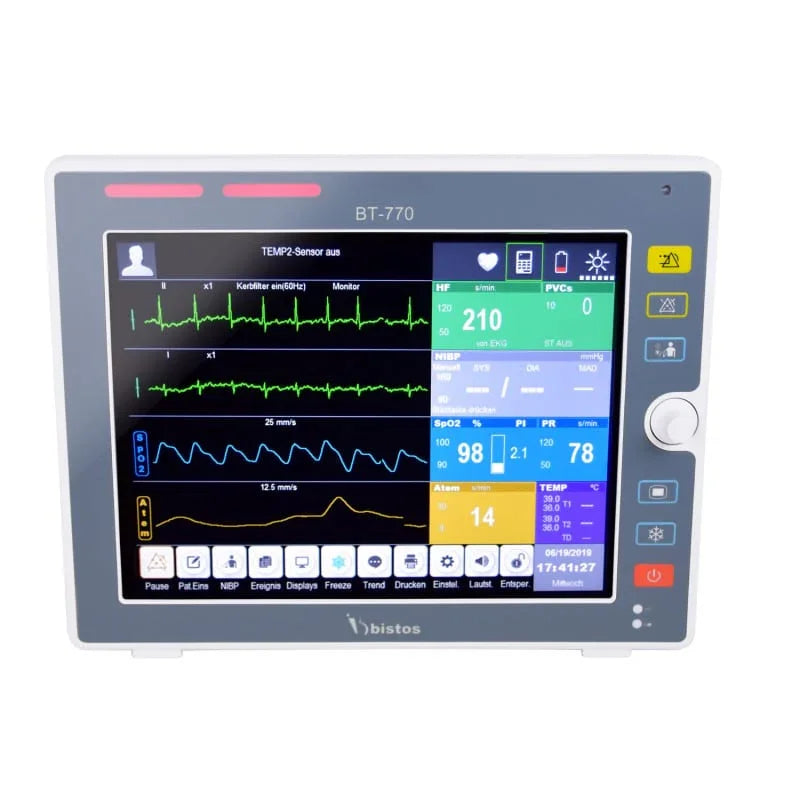 Patient monitor BT-770 displaying ECG, vital signs, heart rate, and respiratory data