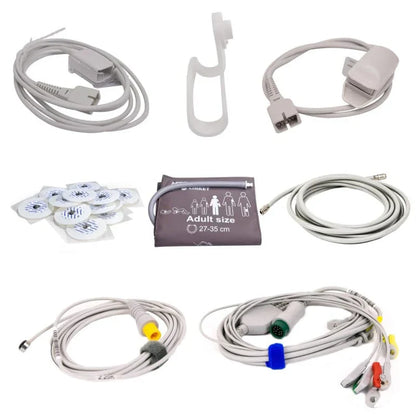 Medical monitor accessories kit with cables, sensors, ECG electrodes, and adult blood pressure cuff.