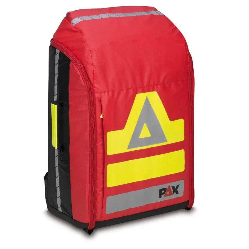 Red emergency medical backpack with reflective yellow and gray stripes on a plain background