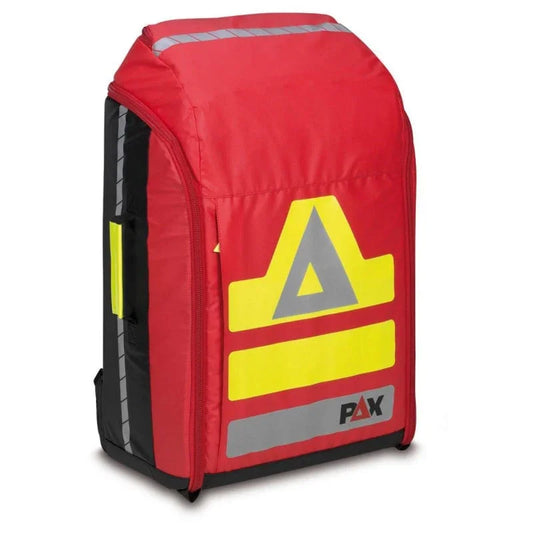 Red emergency medical backpack with reflective yellow and gray stripes on a plain background