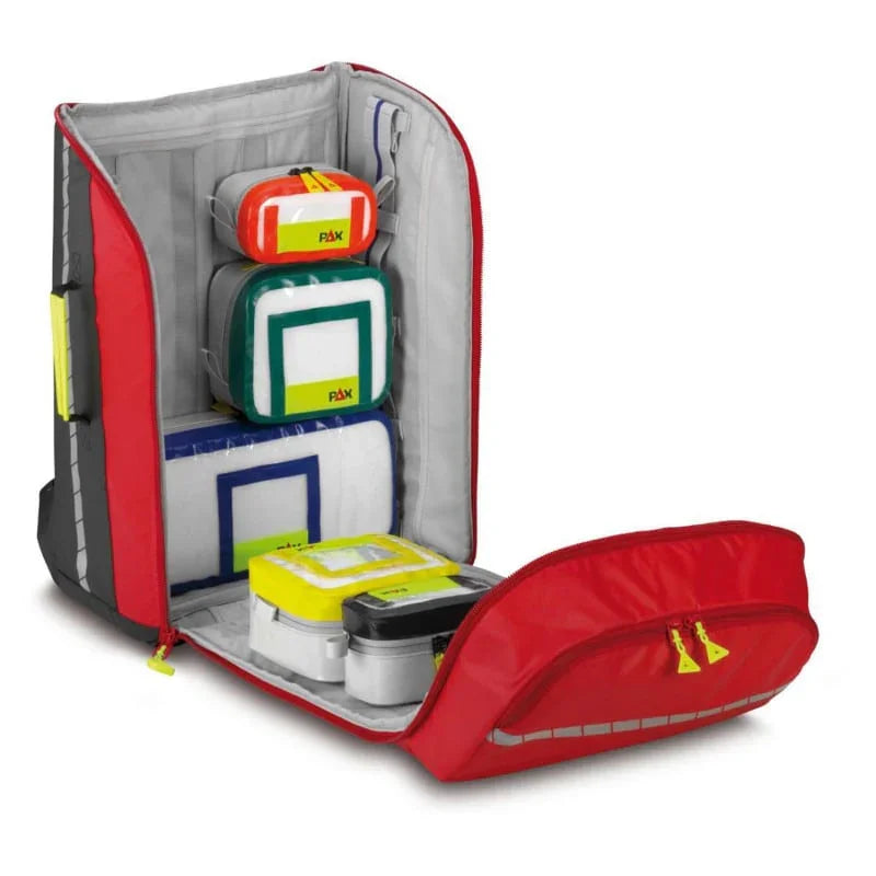 Open red emergency medical backpack with organized color-coded medical supply pouches