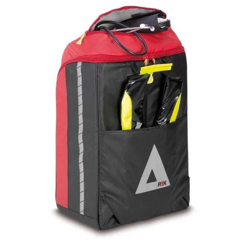 Red and black emergency medical backpack with reflective stripes and external pockets