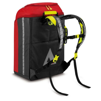 Red and black emergency medical backpack with reflective straps and high-visibility harness