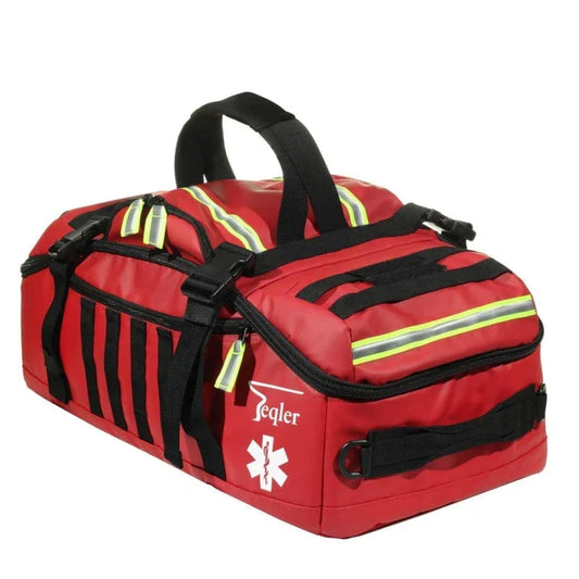 Red emergency medical bag with reflective stripes and multiple compartments