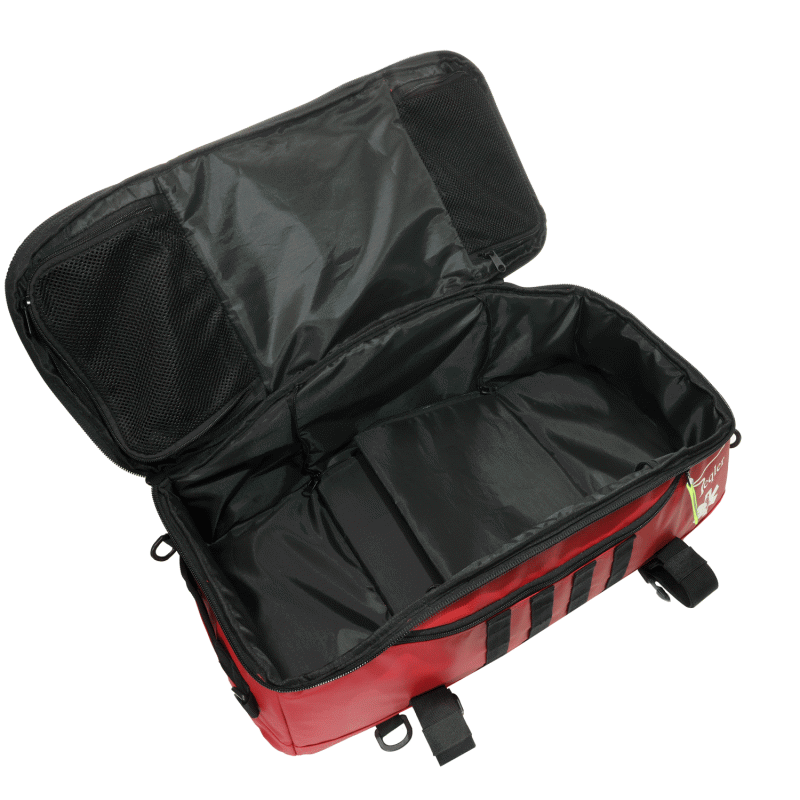 Empty red emergency medical bag with open lid and interior compartments
