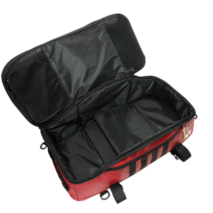 Empty red emergency medical bag with open lid and interior compartments