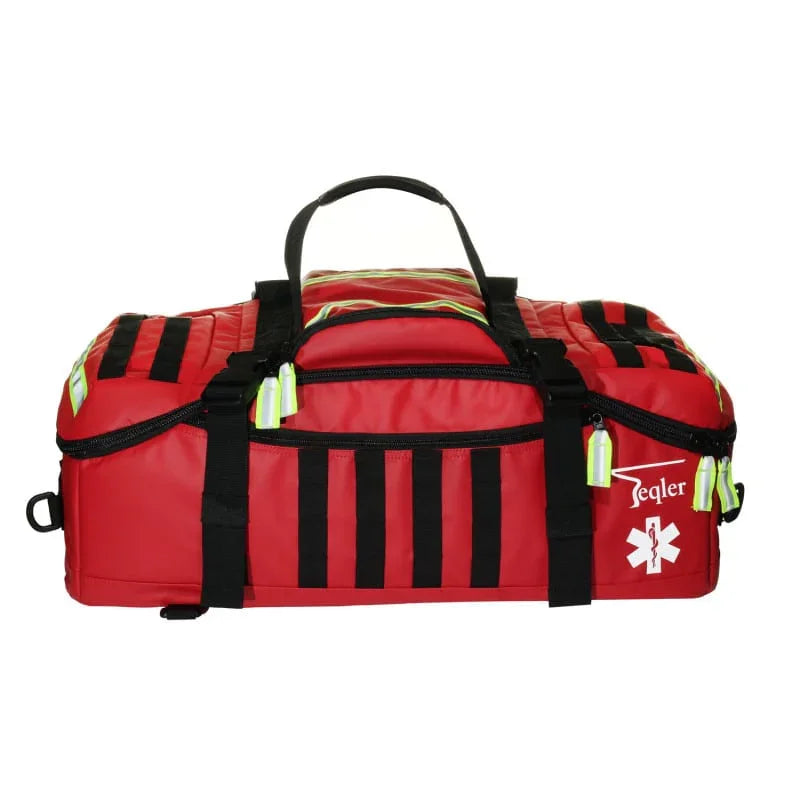 Red emergency medical bag with black straps and reflective accents, white star of life symbol