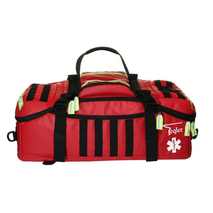 Red emergency medical bag with black straps and reflective accents, white star of life symbol