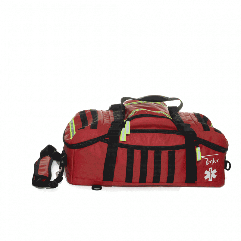 Red emergency medical bag with black straps and reflective accents on white background