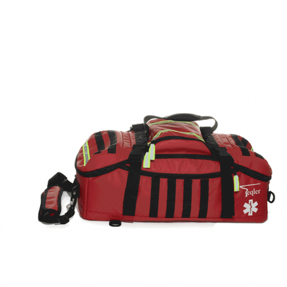 Red emergency medical bag with black straps and reflective accents on white background