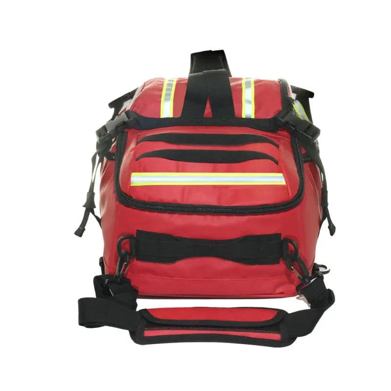 Red emergency medical bag with reflective stripes and black handles on white background