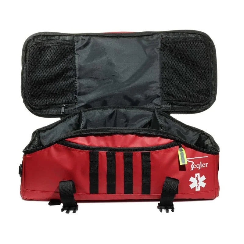 Open red emergency medical bag with black interior and first aid symbol