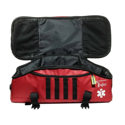 Open red emergency medical bag with black interior and first aid symbol