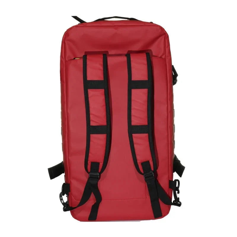 Red emergency medical backpack with black straps, suitable for first aid response