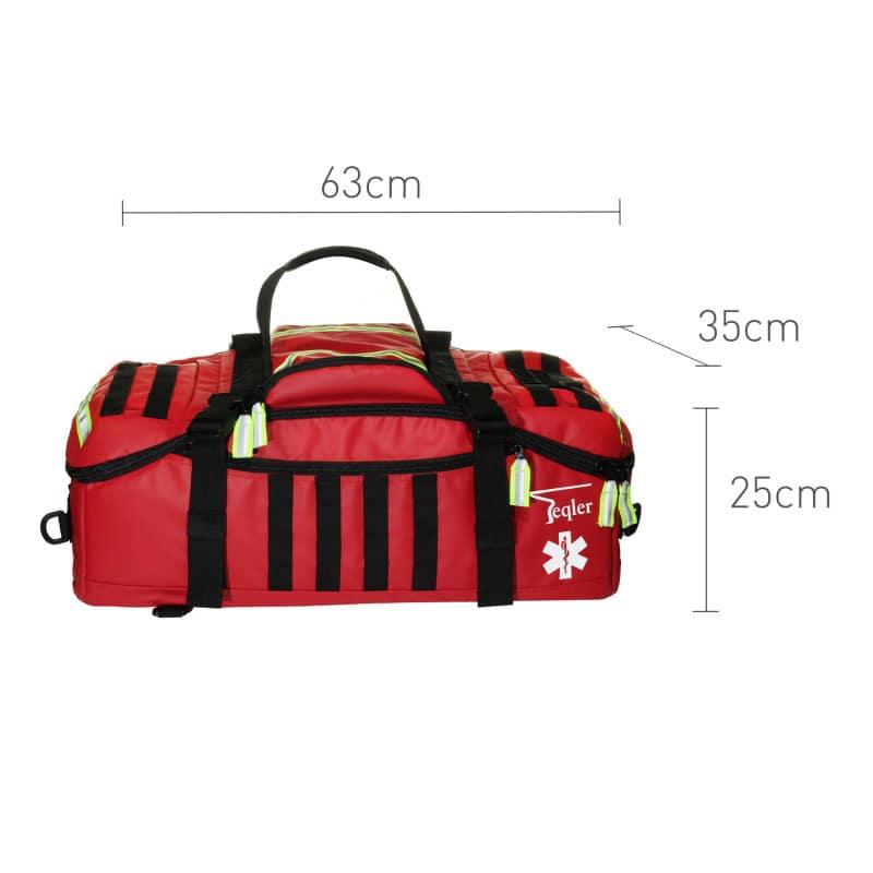 Red emergency medical bag with black straps, 63x35x25cm, white star of life icon