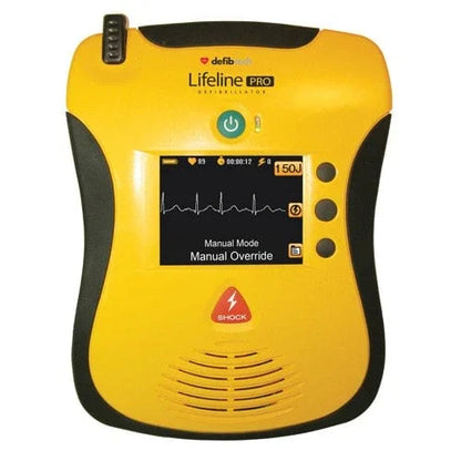 Yellow Lifeline Pro defibrillator with screen displaying heart rhythm and control buttons