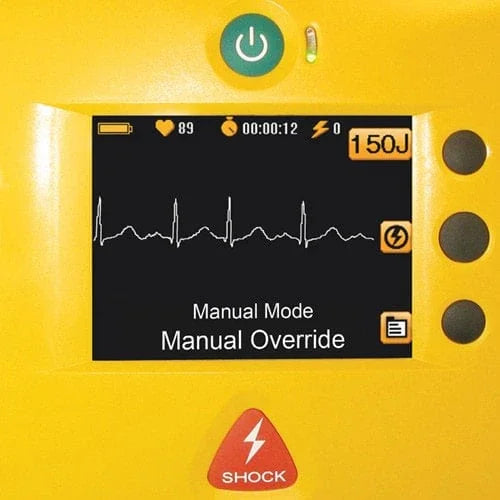 Yellow medical defibrillator with ECG display and shock button for emergency response