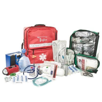 Large red emergency medical backpack with first aid and rescue equipment displayed