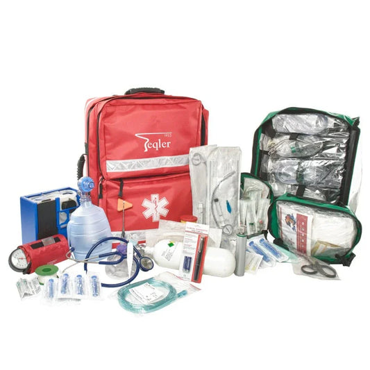 Large red emergency medical backpack with first aid and rescue equipment displayed