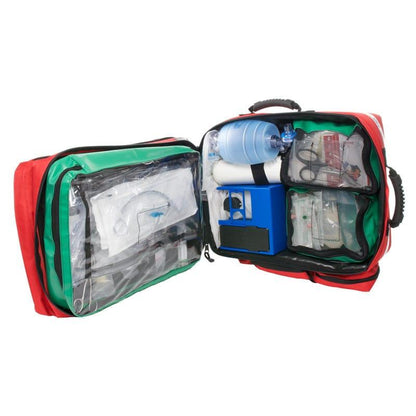 Open emergency medical backpack with organized first aid and resuscitation supplies