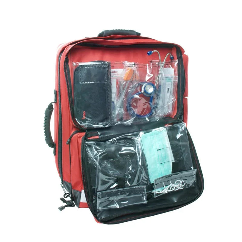 Open red emergency medical backpack with organized compartments and medical supplies