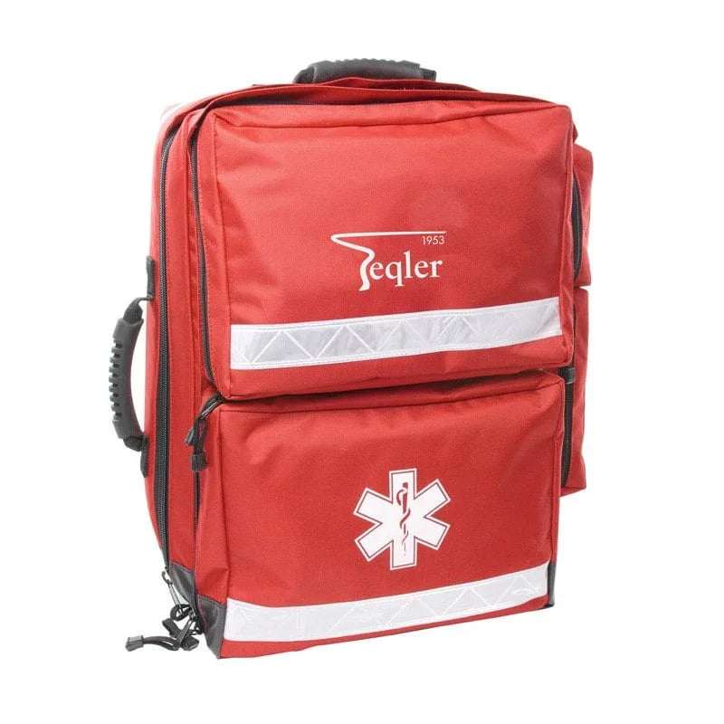 Large red emergency medical backpack with reflective strips and medical star symbol